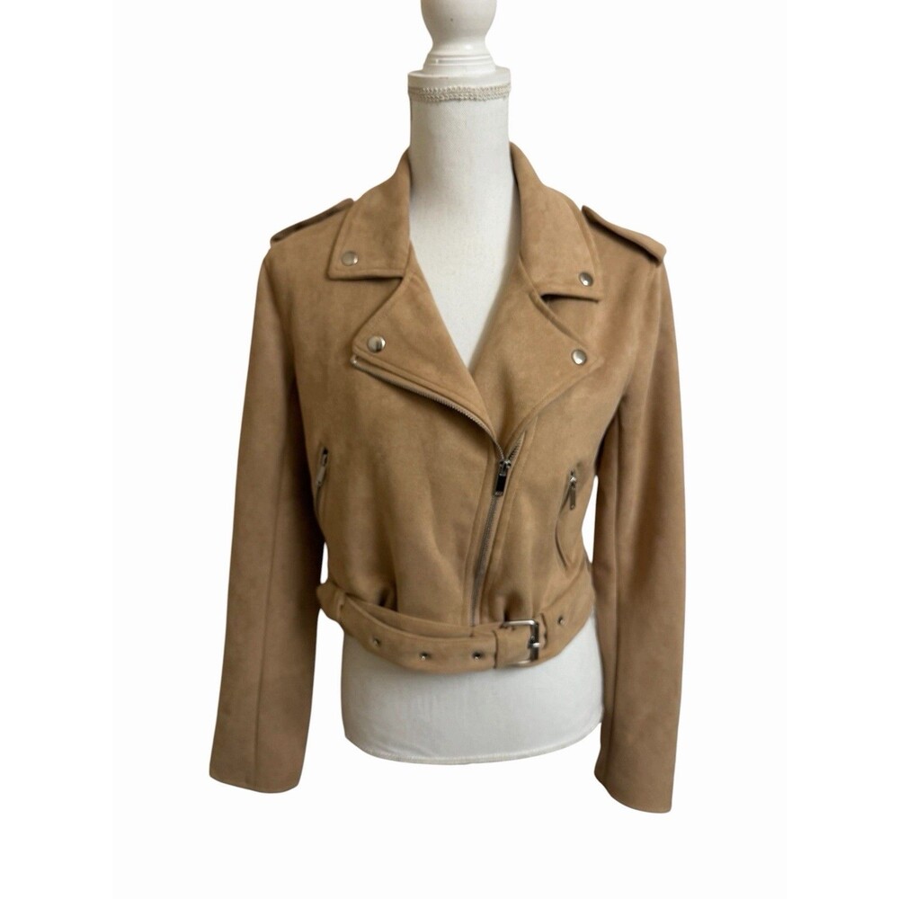 NWT Forever 21 Women's M Taupe Faux Suede Moto Jacket Biker w/ Belt NEW